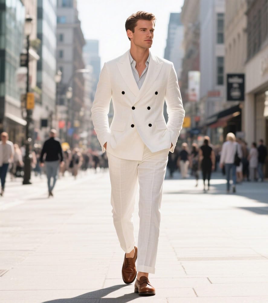 Completo doppio petto da uomo in lino 2 pezzi leggero smoking blazer pantaloni set Prom Suit