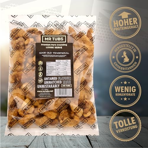 Mr Tubs Pork Crackling - 250g-Tüte - Premium Schweinekrusten Snack, – Glutenfreier, Proteinreicher, Kohlenhydratarmer, Ketofreundlicher Snack (250g, Traditional)