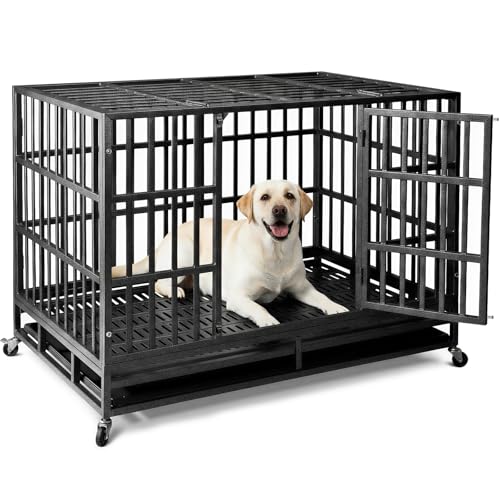 NUGRIART Escape-Proof Heavy Duty 48" Dog Crate, Indestructible Steel Kennel for Large & High-Anxiety Dogs with 300Lbs Capacity, Double Door Design with 4 Locking Wheels and Reinforced Baseplate.