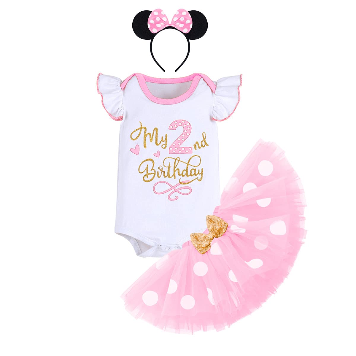 IBTOM CASTLE Trajes de cumpleaños de 1/2/1/2/3er cumpleaños para niñas pequeñas, disfraz de princesa Minnie Mouse con volantes, falda tutú de lunares + diadema, 3 piezas para sesión de fotos