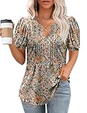 Micoson Eyelet Tops for Women, Puff Short Sleeve Shirts with V Neck, Pleated Blouse Dressy Casual Summer 2024 (Small, Floral Orange)