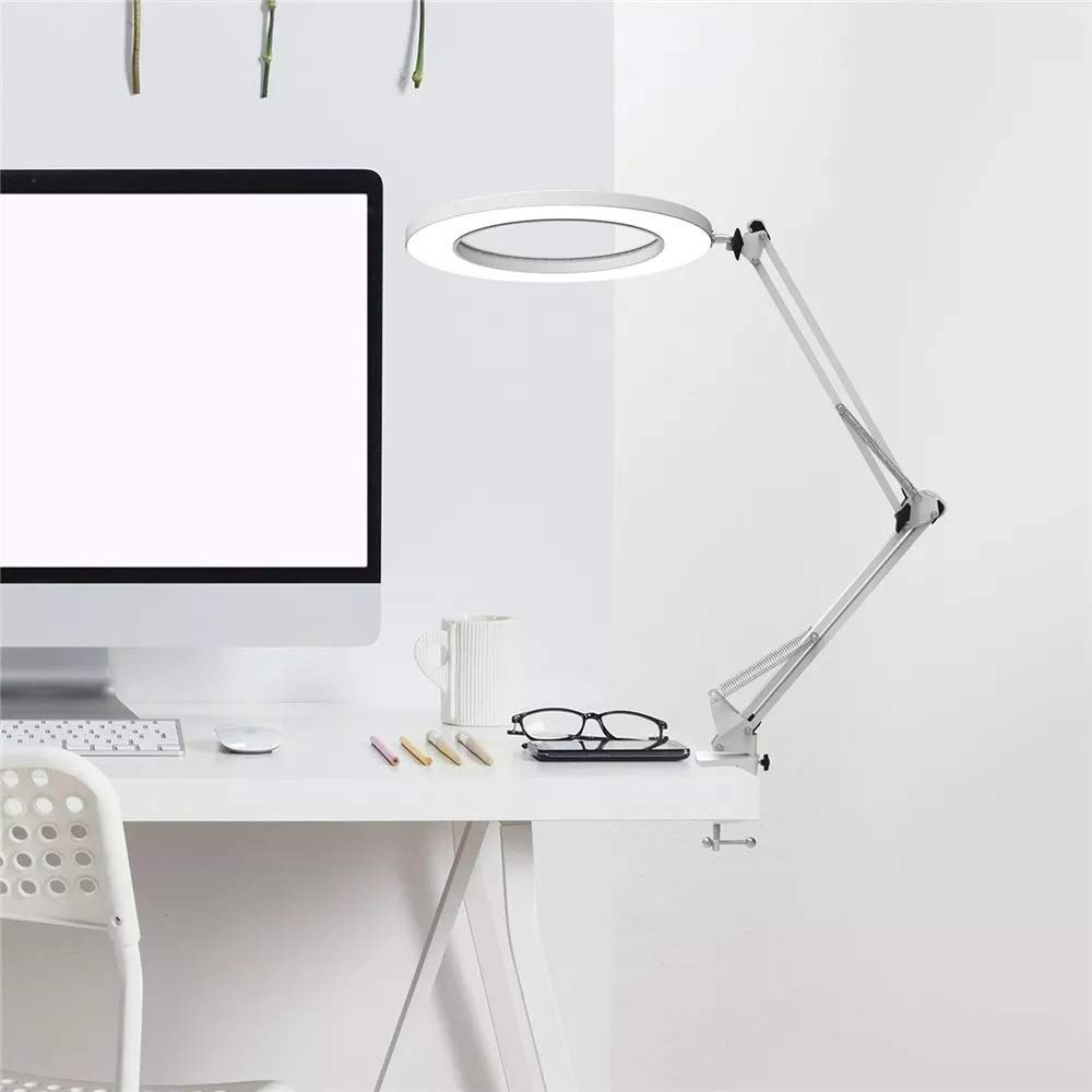 Lámpara de mesa, lámpara de mesa Lámpara de escritorio con brazo oscilante LED Lámpara de mesa de 7W Metal con abrazadera Atenuación continua Anillo de lupa Luz de lectura 3 Temperatura de color