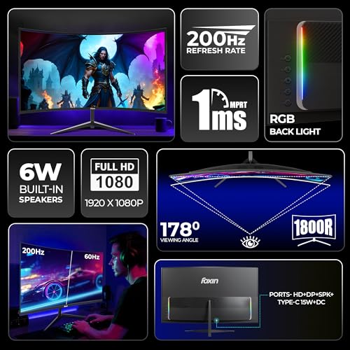 Image of Foxin Phantom 27 inch (68.58 cm) 1800R Curved Gaming Monitor, FHD 1920x1080p, 200Hz, 1ms, Adaptive Sync | HDMI, VGA & Type-C Ports | RGB Backlight, Built-in Speakers | Wall Mountable | Black