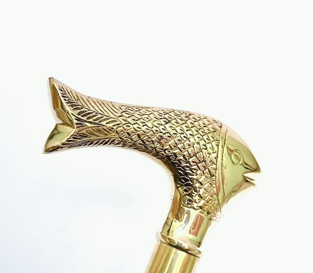 Solid Brass Vintage Style Fish Head Designer Handle for Wooden Walking Cane Stick by H & A Collections