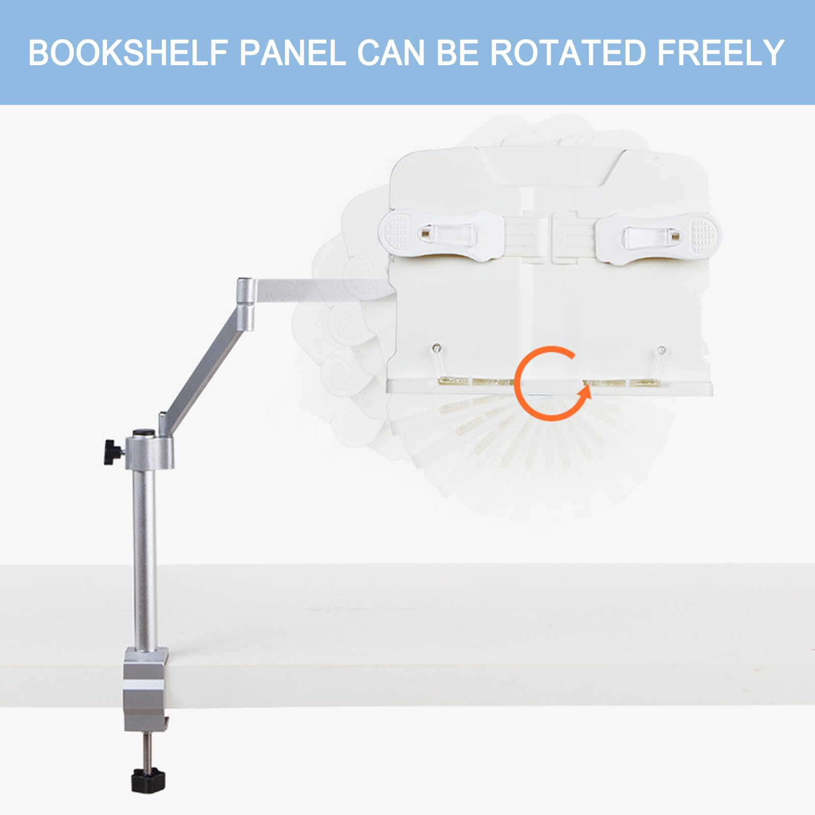 Supporto regolabile per libri con morsetto, per tablet e telefono, con clip per pagine a mani libere e supporto da scrivania girevole.