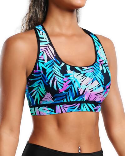 Image of Holipick Women's Sports Bra Bikini Tops Racerback Swim Top Scoop Neck Bathing Suits Top Modest Padded Crop Tops Swimsuit Only