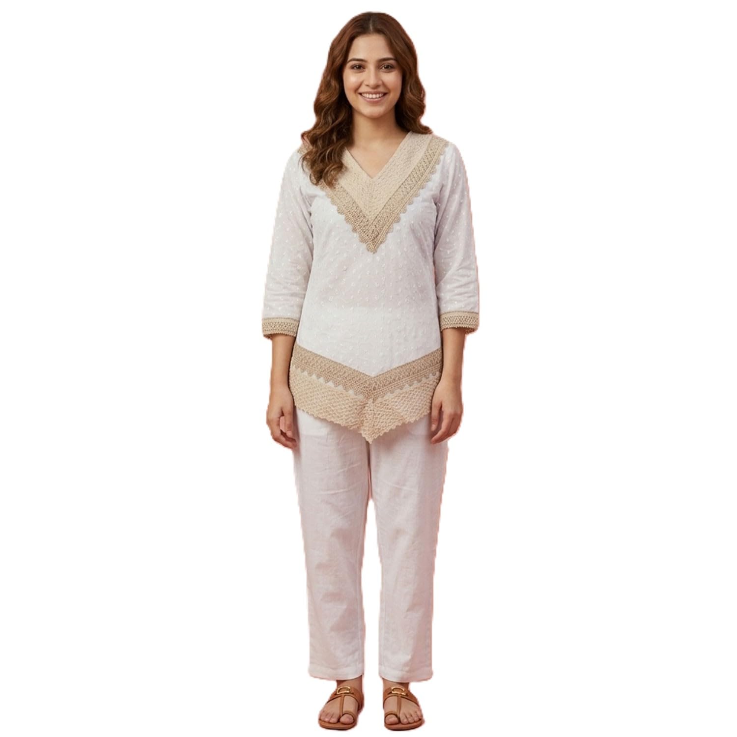 White Co-ord Set for Woman | Floral Pattern Kurti & Trouser for Women | Pure Cotton | 3/4 Sleeves | V Neck | V Hemline | Thread Embroidered-image-41