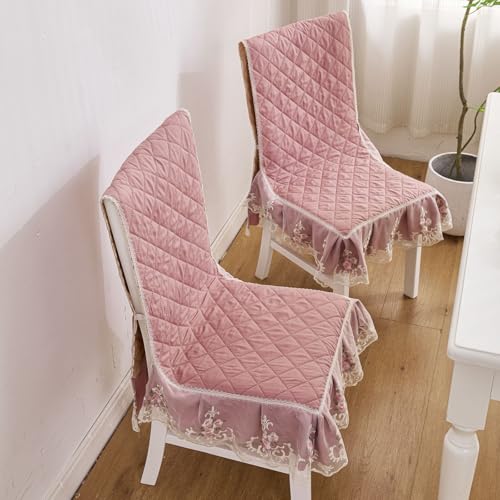 Image of HOMETHREADS Vintage Dining Chair Protector Cover, Quilted Cotton with Lace Frills, Easy Slip-On Design, Protects Seat & Backrest While Keeping Chair Visible, Washable & Reusable, Pink (Pack of 2)