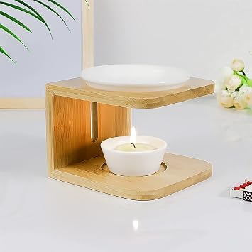 Ceramic Essential Oil Burner,Wax Melt Warmer with Tea Light Holder, Fragrance Diffuser for Spa Yoga Meditation Bamboo Wood
