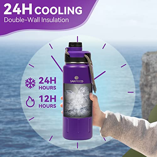 Insulated Water Bottles 24 Oz, Santeco Stainless Steel Bottles With Lanyard & Wide Mouth Spout Lid, Leak Proof, Double Wall Vacuum Water Bottle, Keep Drinks Hot & Cold For Hiking Camping - Purple #TOP1
