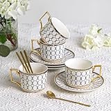 CwlwGO-European Style Ceramic Coffe Cup and Saucer Sets, 7 Oz Bone China Beautifully Glazed Blue Gold Tea Cup Set, Golden Spoon,Cappuccino, Latte, Suitable For Women's Gifts (4 pack)