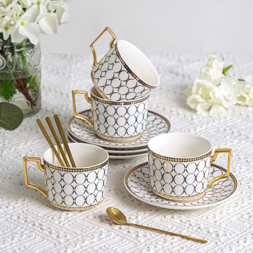 CwlwGO-European Style Ceramic Coffe Cup and Saucer Sets, 7 Oz Bone China Beautifully Glazed Blue Gold Tea Cup Set, Golden Spoon,Cappuccino, Latte, Suitable for Women's Gifts (4 Pack).……