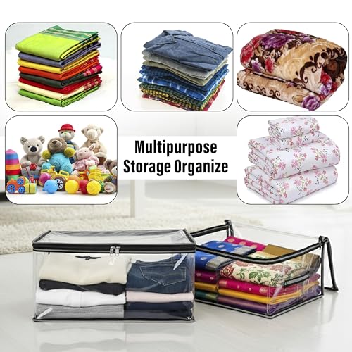 Image of Storite PVC Wardrobe Bag Underbed Moisture Proof Cloth Storage Organizer, Storage box for Clothes Saree Bags with Zippered Closure & Handle (Transparent, 42x33x22 cm)