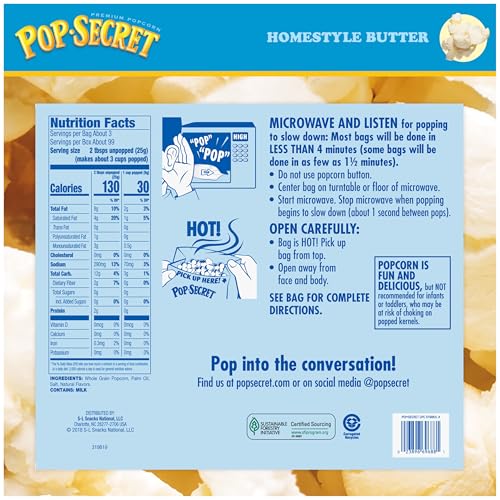 Image of Pop Secret Microwave Popcorn, Homestyle Butter Flavor, 3 Ounce Sharing Bags, (Pack of 30)