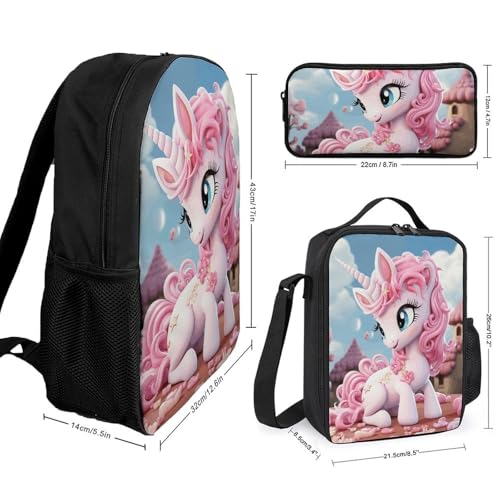 3 Piece Backpack for Women Men Lightweight Causal Daypack Shoulder Bag Set with Insulated Lunch Bag And Pencil Case Organizers Cartoon2