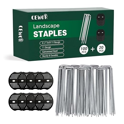 CEWOR Landscape Staples Set, 100pcs 6 Inches 11 Gauge Stakes and 20pcs Gasket, Galvanized Garden Stakes Landscaping Staples and SOD Pins Lawn Stakes for Barrier Fabric
