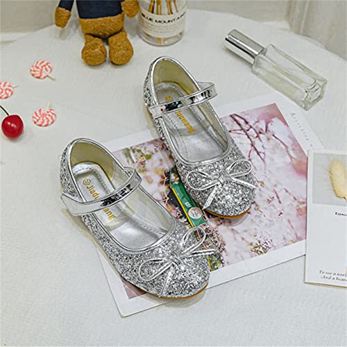 OMEARK Girls Dress Shoes Princess Glitter Low Heel Shoes Kids Sparkly Dress-Up Round Toe Sandals with Ankle Straps and Bow Tie for Party Wedding Dance Ballet Shoes3