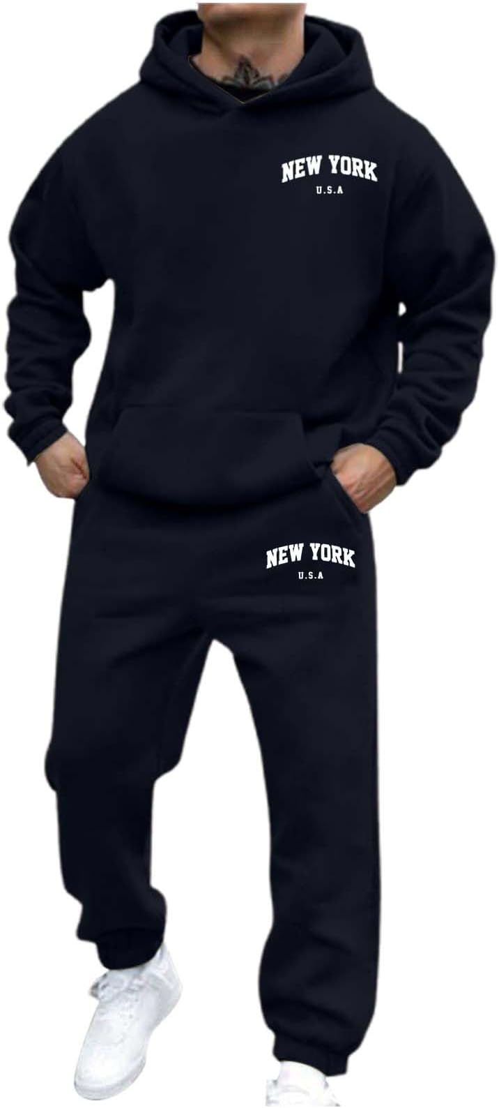 California Men's Sweatsuit 2 Piece Hoodie And Sweatpants Set Letter Tracksuits Fall Winter Athletic Jogging Suit Dark Blue S