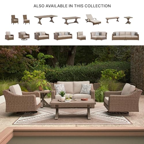 Image of Signature Design by Ashley Carmel Bay Casual Weather and UV Resistant Outdoor Swivel Lounge with Cushion, Light Brown & Beige