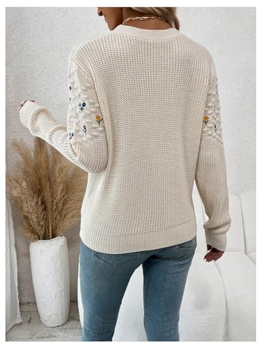 Women's Floral Embroidery Sweaters Long Sleeve Round Neck Knitted Pullover Tops2