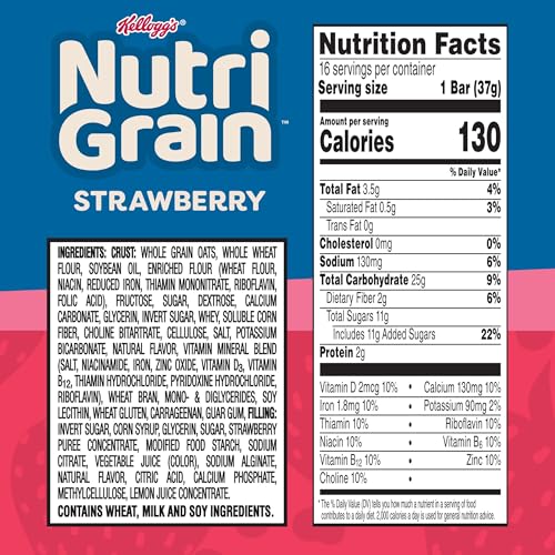 Nutri-Grain Breakfast Bars, Made with 10g Whole Grains, Snack Bars, Strawberry, 20.8oz Box (16 Bars)