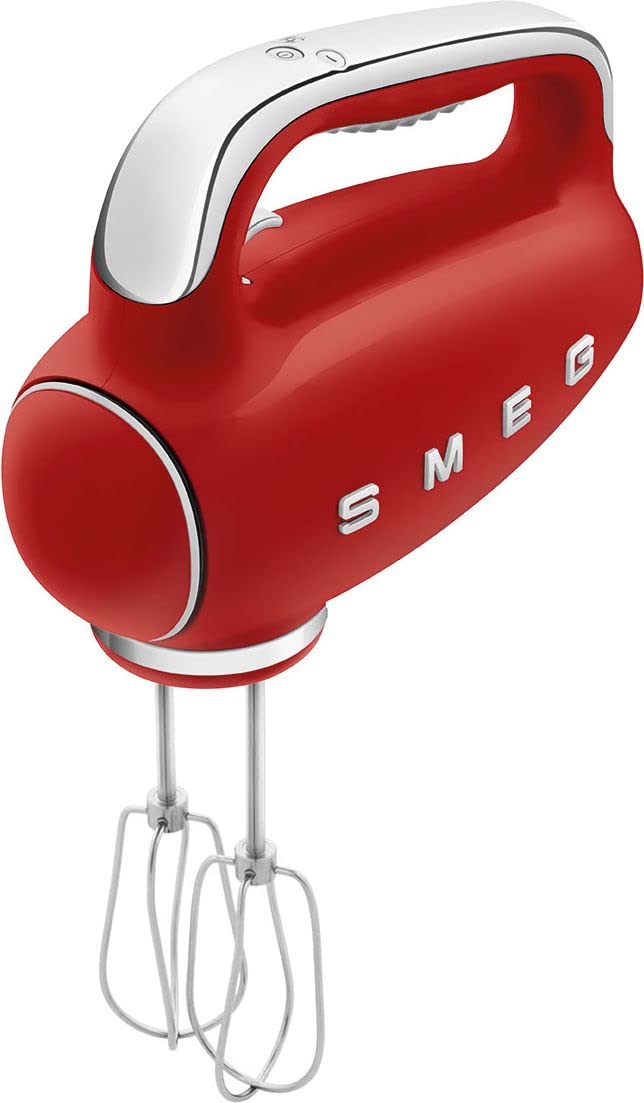 Smeg HMF01RDUK Hand Mixer with Turbo Function, 3 Attachments, LED Display, Retro 50's Style, 250W, Red