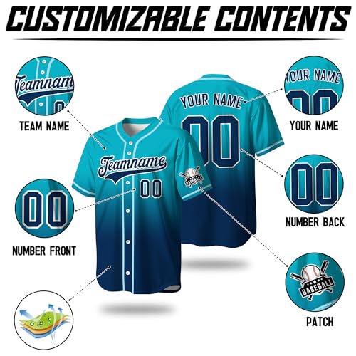 Custom Gradient Baseball Jersey Hip Hop Button Down Shirts Personalized Name Number Logo for Men Women Youth Kids, Teal Blue Jersey Fan Gift miniatura 3