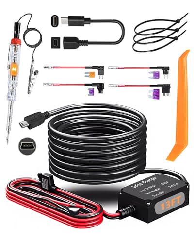 CESOO Dash Cam Hardwire Kit, Mini USB & Type C Hard Wire Kit, 12V-24V to 5V Car Dash Camera Charger Power Cord with Fuse Tap and Installation Tool Fuse for Car Dashcam, GPS, Radar, Dash Camera (13ft)