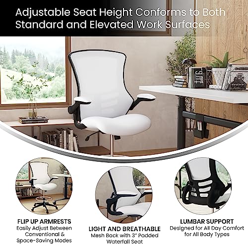 Image of Flash Furniture Kelista Mid-Back White Mesh Ergonomic Drafting Chair | Adjustable Foot Ring, Flip-Up Arms | Comfort and Productivity