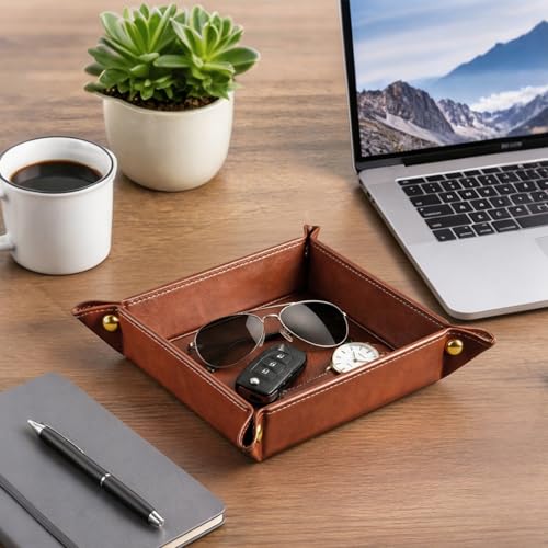 Image of YAPISHI Light Luxury Valet Tray for Men, PU Leather Vanity Jewelry Tray & Decorative Perfume Catchall, Folding Travel EDC Dump Tray, Nightstand Organizer Caddy for Keys, Watches, Coin Bowl Dish