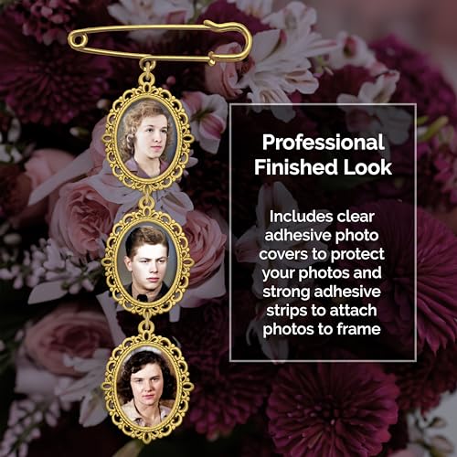 Wedding Bouquet Memorial Remembrance Photo Charm Bright Gold Holds 3 Pictures for Bride's Flowers or Groom's Boutonniere with Photo Resizer4