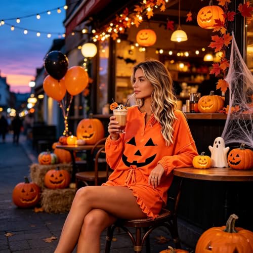 Image of Roshop Halloween Pajama Women's Pumpkin Top & Shorts Loungewear Set