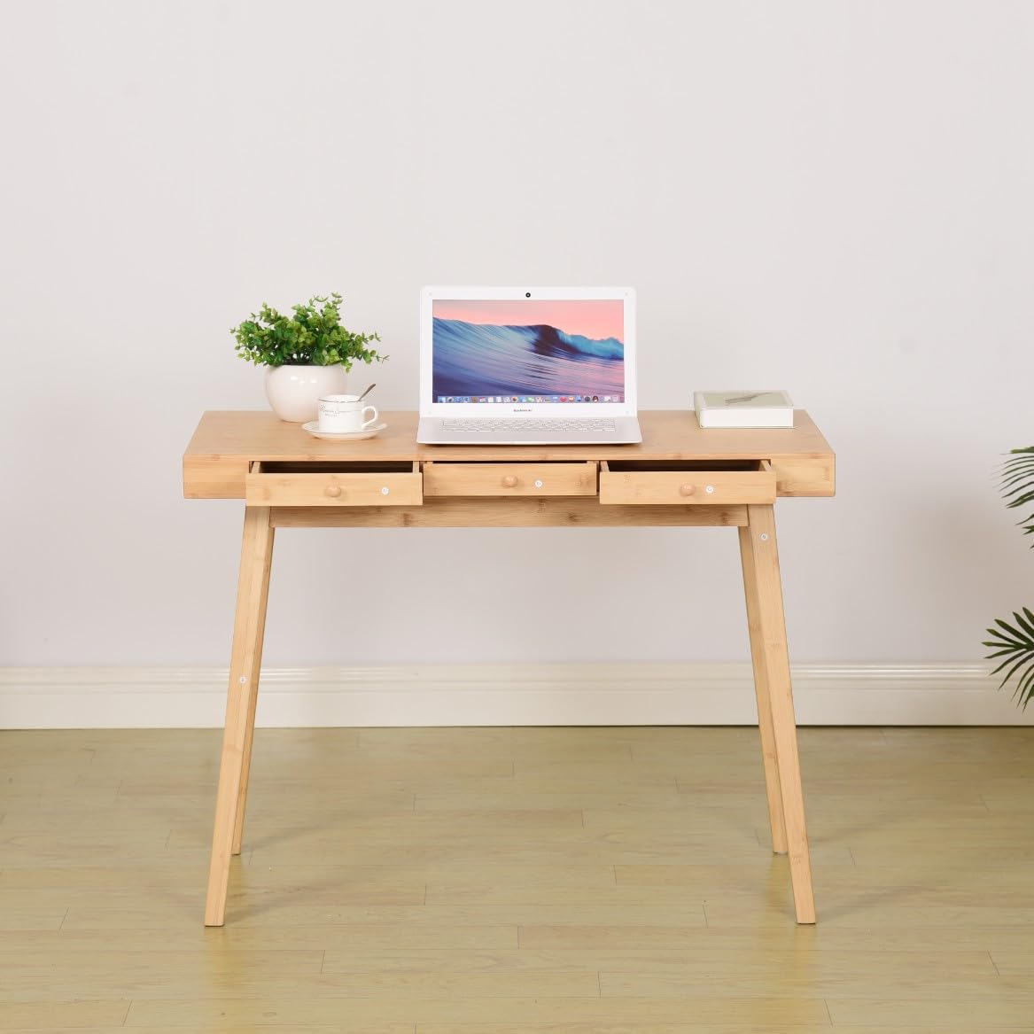 Scrivania con 3 cassetti, in bambù, per ufficio, casa, ufficio, studio, 100 x 50 x 75 cm, colore naturale