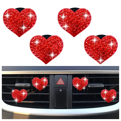 4PCS Heart-Shaped Car Vent Clips with Rhinestone,Bling Air Vent Clips Car Decorations,Premium Shiny Car Clips for Vents Accessories Interior (Red)