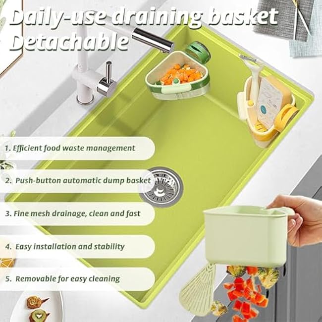 Suction Cup Sink Corner Rack, Corner Sink Strainer Basket for Food Waste, Sinks Trash Catcher, Upgraded Automatic Dumping, Triangle Storage Rack with Drain Hole, No Drilling (Green)
