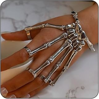 Gothic Skull Skeleton Metal Fingers Hand Bracelet with Adjustable Ring Punk Bone Wristband Cosplay Jewelry for Women