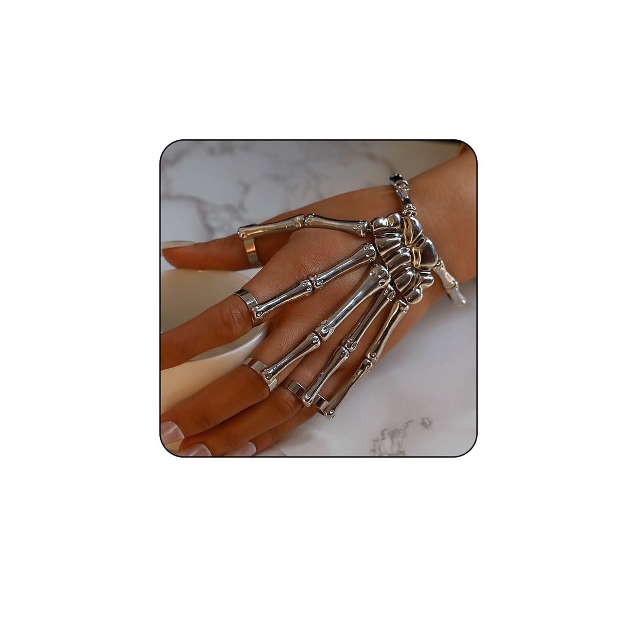 Bethynas Gothic Skull Skeleton Metal Fingers Hand Bracelet with Adjustable Ring Punk Bone Wristband Cosplay Jewelry for Women