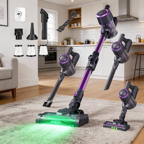 POMBEU Cordless Stick Vacuum, Hardwood & Carpet, LED, 50Min