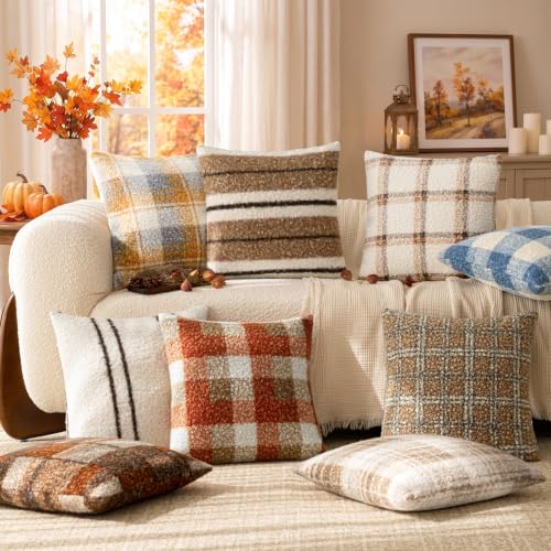 Image of Foindtower Pack of 2 Soft Faux Fur Boucle Throw Decorative Pillow Covers Fuzzy Accent Check Cushion Sherpa Boho Farmhouse Pillowcase for Couch Sofa Bed Living Room Home Decor 18x18 Inch,Natural Beige