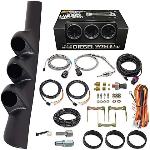 GlowShift Diesel Gauge Package Compatible with Dodge Ram Cummins 2500 3500 1998-2002 - Tinted 7 Color 60 PSI Boost, 1500 F Pyrometer EGT & 30 PSI Fuel Pressure Gauges - Black Triple Pillar Pod