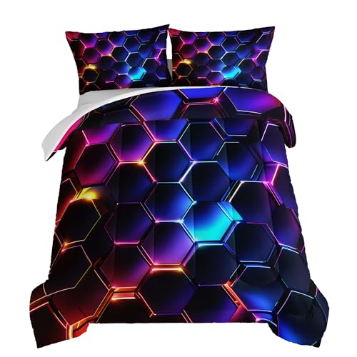 HOSIMA 3D Honeycomb Boys Comforter Set Full Size,Geometric Hexagon Pattern Bedding Set for Kids Teens Boys Room Decor,Purple Blue Neon Lights Full Size Comforter Sets for Boys with 2 Pillowcases.