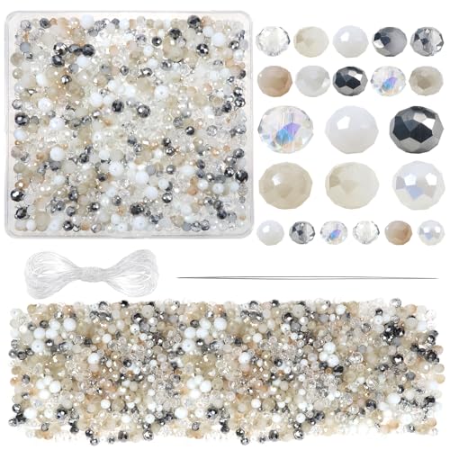 TOAOB 1000pcs Assorted White Crystal Glass Beads Rondelle Faceted Spacer Beads 4mm 6mm 8mm Loose Bead with Elastic Thread and Steel Needle for Bracelets Necklace Earrings Jewelry Making