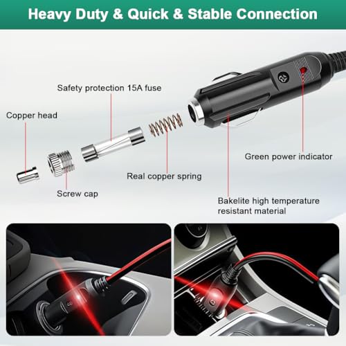 Image of STHIRA 6.6ft Car Cigarette Lighter Plug to Ring Terminal Cable, 12V /24V DC Power Adapter Cord with Red & Black Ring Terminals for Inverter, Air Compressor, Battery & Automotive Devices
