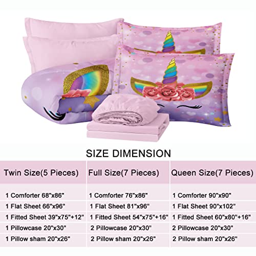 Sirdo Twin Bedding Sets For Girls Purple Pink Unicorn Bed Comforter Sets With Sheets 5 Pieces Kid Girl Bed In A Bag Soft Princess Bedding Cute Bed Set Washable #TOP4