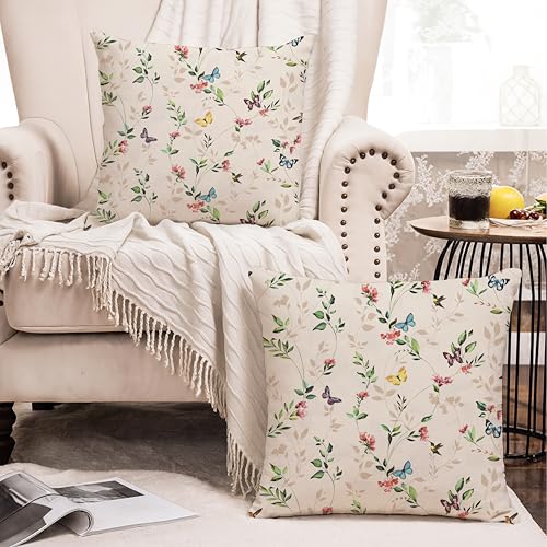 Image of Jaipur Weaves Cushion Cover 16 Inch X 16 Inch - Set of 2, Butterfly Garden 260 GSM Decorative Soft Cushion Covers for Sofa /Bed /Chair, Gift for Home Decor (Cream Garden, 2)