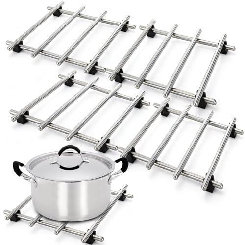 WUWEOT 4 Pcs Stainless Steel Trivet for Hot Dishes, 7'x7' Mini Cooling Rack, Heat-Resistant Steel Dining Protector Mats with Nylon Anti-Slip Feet for Hot Pots, Pans, and Bakeware
