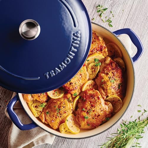 Image of TRAMONTINA Bestow Enameled Cast Iron Braiser 3.8L with Lid | Casserole Pan | Shallow Dutch Oven | Even Heat Retention | Low Oil Healthy Cooking | No Seasoning Required | All Cooktops Compatible | Blue