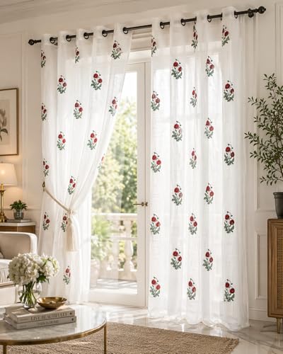 Image of LINENWALAS Decorative Cotton Linen Sheer Curtains 7.5 Feet Long for Door Block Printed Floral Door Curtain |Grommet Hanging Style Pack of 2 Panels |Light Filtering Sheer Drapes (Rubby Flora, 7.5 Feet)