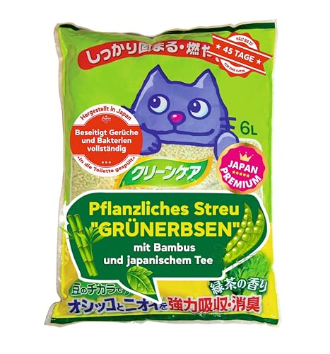 Japan Premium Pet Tofu Katzenstreu aus Grünen Erbsen | Spülbar & Klumpend | Antibakteriell | Geruchskontrolle & katzenstreu staubfrei | Absorbiert 9× ihres Gewichts | Besser als Papier-Streu | 6L