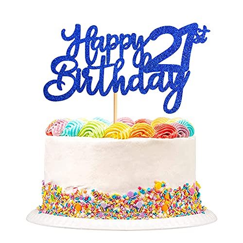 UNIMALL Bule Glitter 21st Happy Birthday Cake Topper Adult Food Picks for Celebrating Twenty-one Years Old Birthday Anniversary Party Decorations Supply,Medium